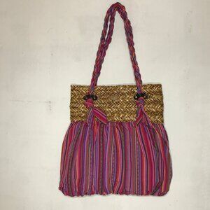 Poppie Jones Large Boho Hippie Style Stripe Shoulder Bag Sturdy Woven Straw Top